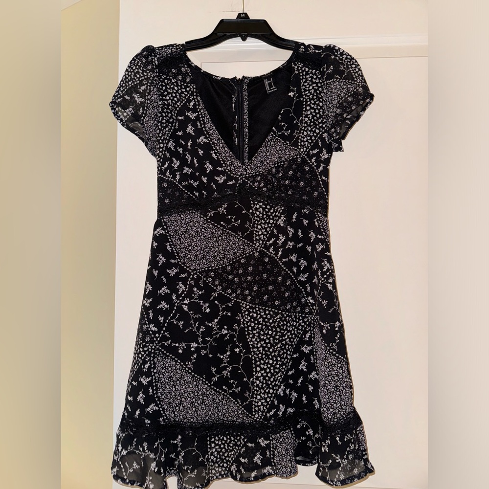 Black and white patchwork print mini dress